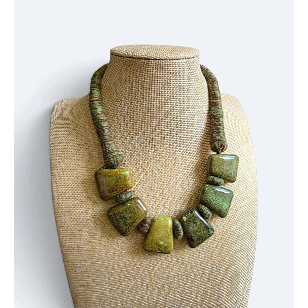 Chunky Green Ceramic Statement Necklace Glazed Boho Bib Rope Collar
